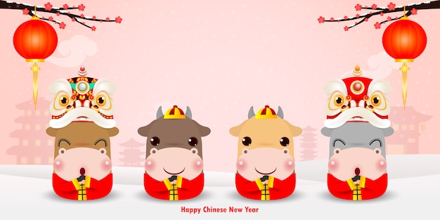 Joyeux Nouvel An Chinois 21 L Annee De La Conception De Carte De Voeux De Bœuf Et Quatre Petites Vaches Mignonnes Fond De Dessin Anime Banniere Calendrier Traduction Bonne Annee Chinoise Vecteur