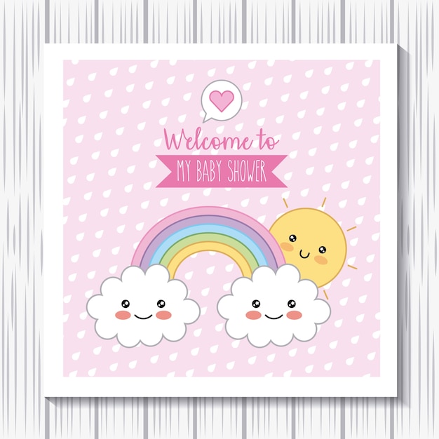 Kawaii Arc En Ciel Nuages Soleil Bienvenue Bebe Douche Affiche Vecteur Premium