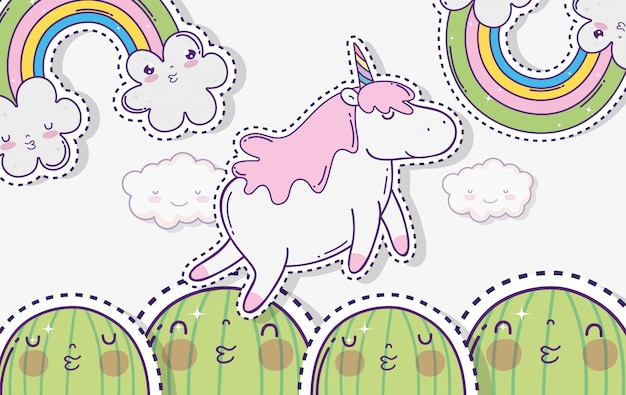 Kawaii Cactus Avec Licorne Et Nuages Avec Arc En Ciel