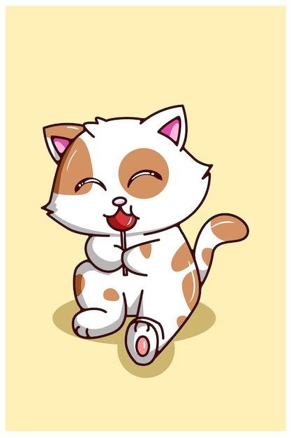 Kawaii Et Chat Drole Mangeant Une Illustration De Dessin Anime De Bonbons Vecteur Premium