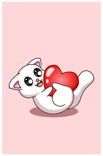 Kawaii Et Chat Drole Qui Roule Avec Une Illustration De Dessin Anime De Grand Coeur Saint Valentin Vecteur Premium