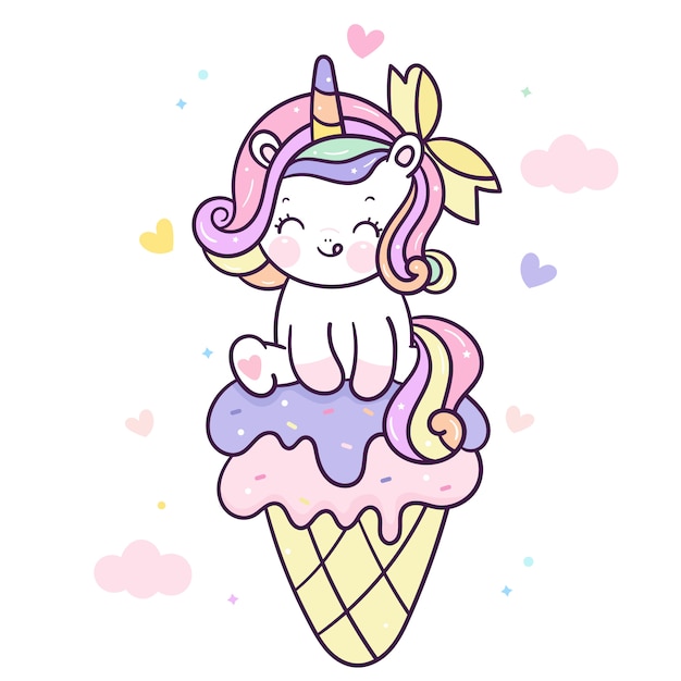 Kawaii Cute Unicorn On Ice Cream Cartoon Vecteur Premium