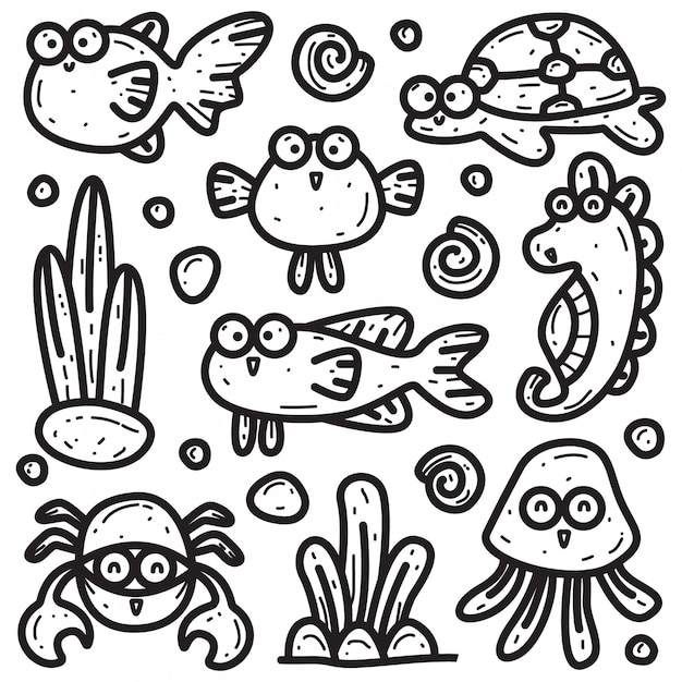 kawaii doodle s de divers modeles d animaux marins vecteur premium coloriage maison