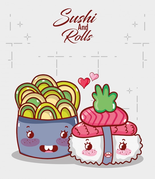 Kawaii Sushi Saumon Wasabi Et Salade Alimentaire Dessin Anime Japonais Sushi Et Petits Pains Vecteur Premium