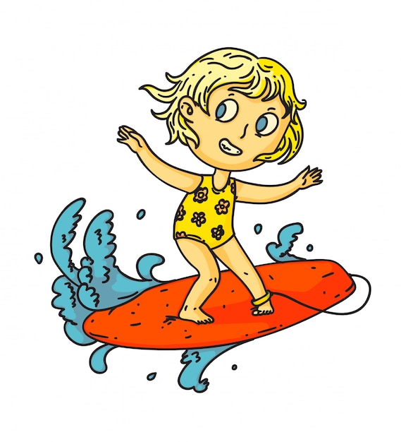 Kid Surf. Fille Enfant Isolée Surfer Sur Planche De Surf Sur Les Vagues