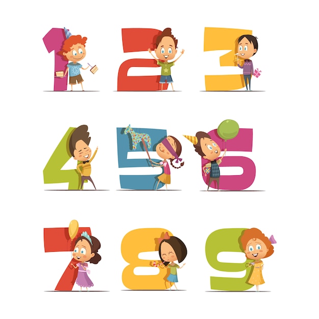 Kids party retro icons set with digits de un à neuf Vecteur gratuit