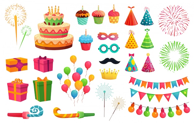 Kit De Fete De Dessin Anime Feux D Artifice De Fusee Ballons Colores Et Cadeaux D Anniversaire Masques De Carnaval Et Jeu D Illustration De Cupcakes Sucres Vecteur Premium