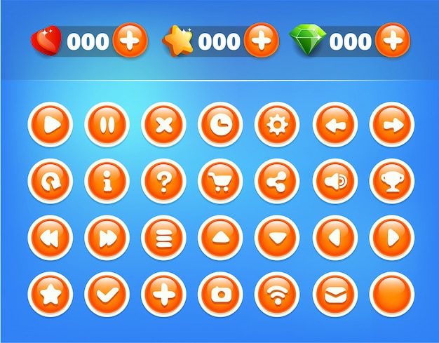 Kit d'interface utilisateur blue orange buttons game Vecteur Premium