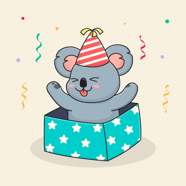 Koala Mignon Joyeux Anniversaire A L Interieur De La Boite Et Portant Un Chapeau Vecteur Premium