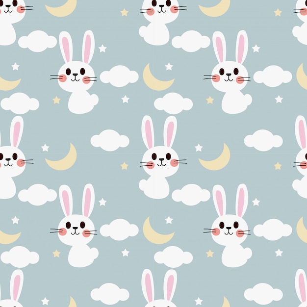 Lapin blanc mignon sur le modèle sans couture de ciel. Vecteur Premium