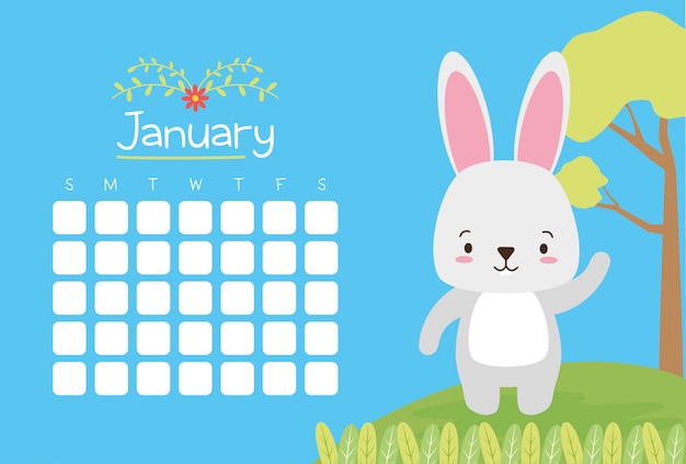 Lapin avec calendrier, animaux mignons, style plat et cartoon, illustration Vecteur gratuit