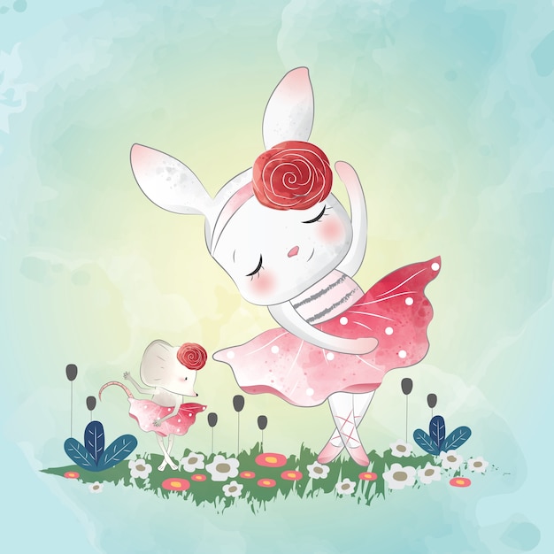 Lapin dansant avec la petite souris Vecteur Premium