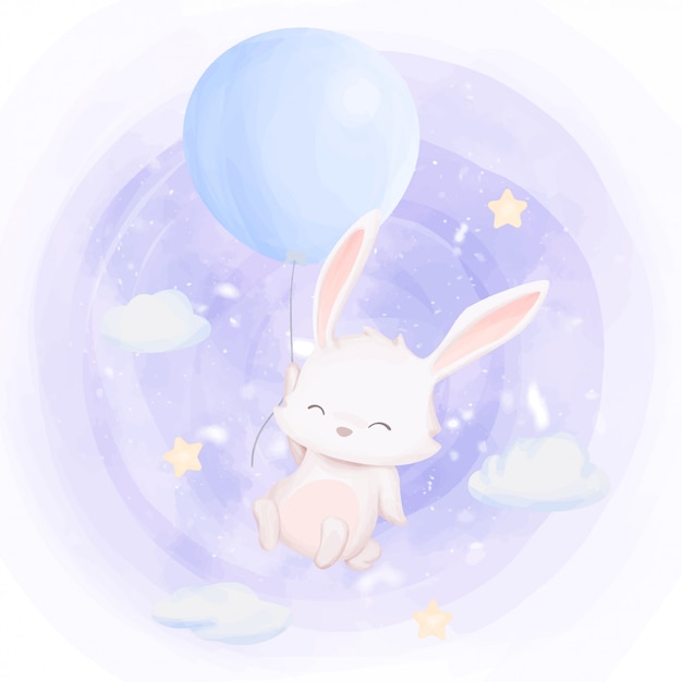 Lapin fly up to sky avec ballon Vecteur Premium