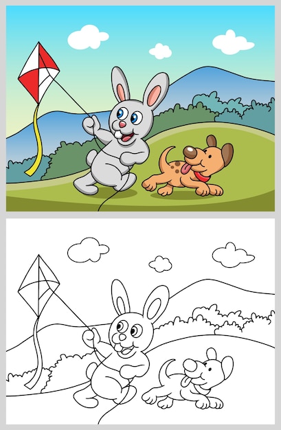 Lapin Jouant Un Cerf Volant Avec Coloriage De Dessin Animé