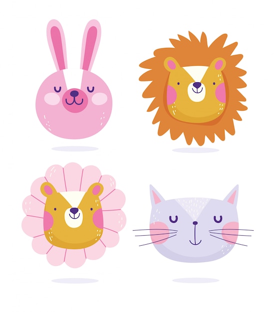 Lapin Lion Chat Et Tigre Fleur Visages Animaux Dessin Anime Mignon Texte Vecteur Premium