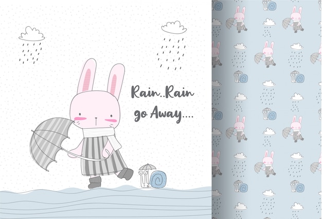 Lapin mignon dans le modèle sans couture de pluie Vecteur Premium