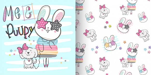 Lapin mignon pattern set, main dessiner illustration-vecteur Vecteur Premium