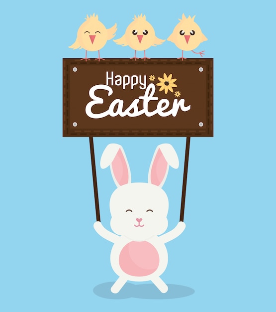 Lapin mignon avec poussins et étiquette de pâques Vecteur Premium