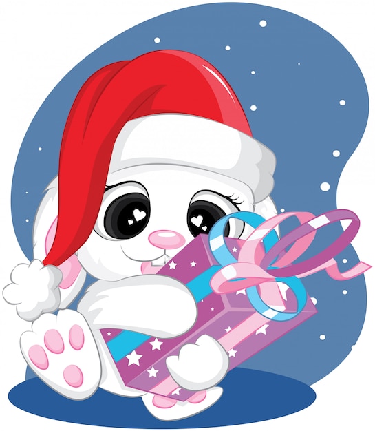 Lapin De Noël Mignon Avec Cadeau Et Santa Hat Joyeux Noël Et Dessin Animé De Nouvel An  Vecteur 