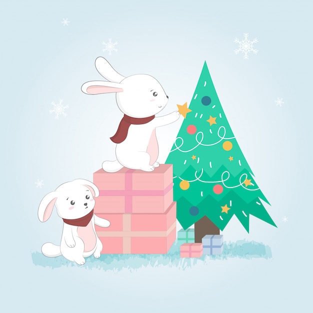 Lapins Mignons Et Arbre De Noel Joyeux Noel Cartes Postales Vecteur Premium