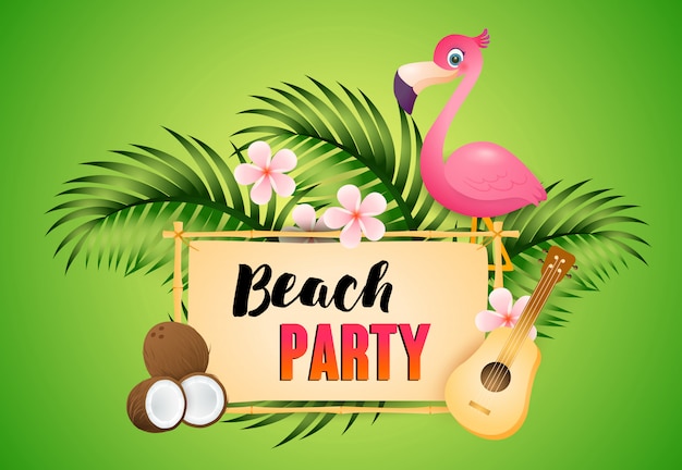 Lettrage beach party avec flamant rose, ukulélé et noix de coco Vecteur gratuit