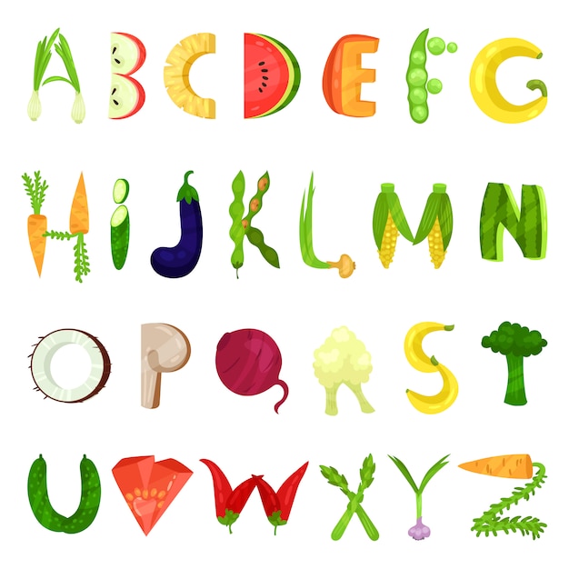 Lettres De L Alphabet Anglais Vegetarien A Base De Legumes Frais Illustration Sur Fond Blanc Vecteur Premium