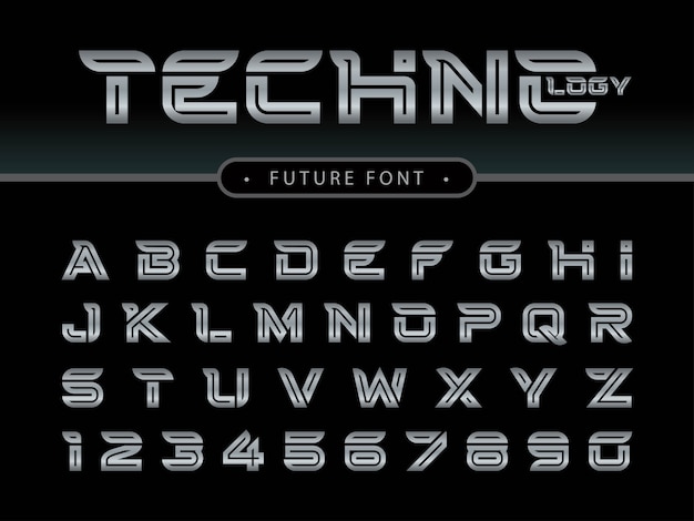 Lettres et chiffres de l'alphabet futuriste, polices stylisées future techno Vecteur Premium