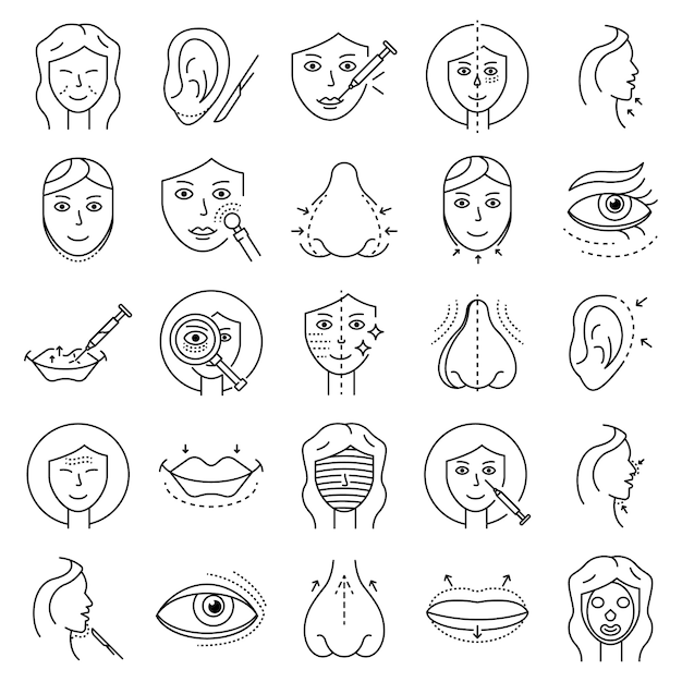 Levage des icônes du visage ensemble. ensemble de contour de levage icônes vectorielles du visage Vecteur Premium