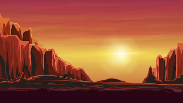 Lever du soleil dans un canyon sablonneux dans des tons orange chauds Vecteur Premium