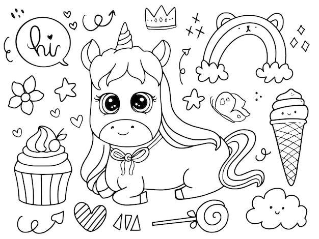 Licorne De Bebe Mignon Assis Avec Cupcake Doodle Dessin Illustration De Page A Colorier Vecteur Premium