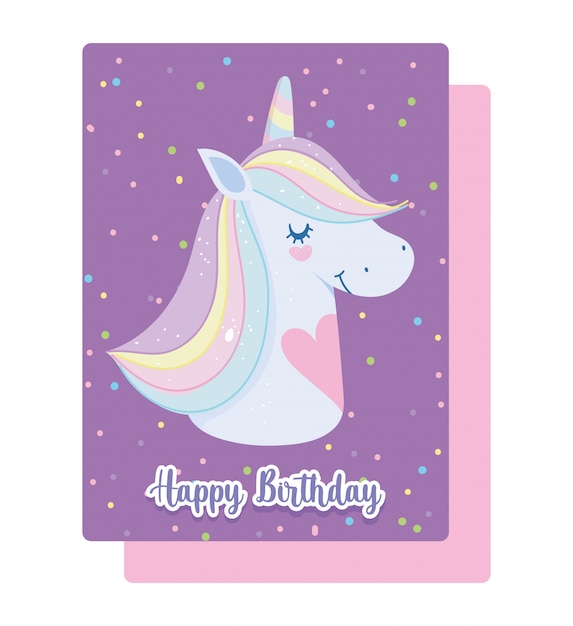 Licorne Joyeux Anniversaire Avec Carte De Dessin Anime De Cheveux Corne Arc En Ciel Coeurs Vecteur Premium