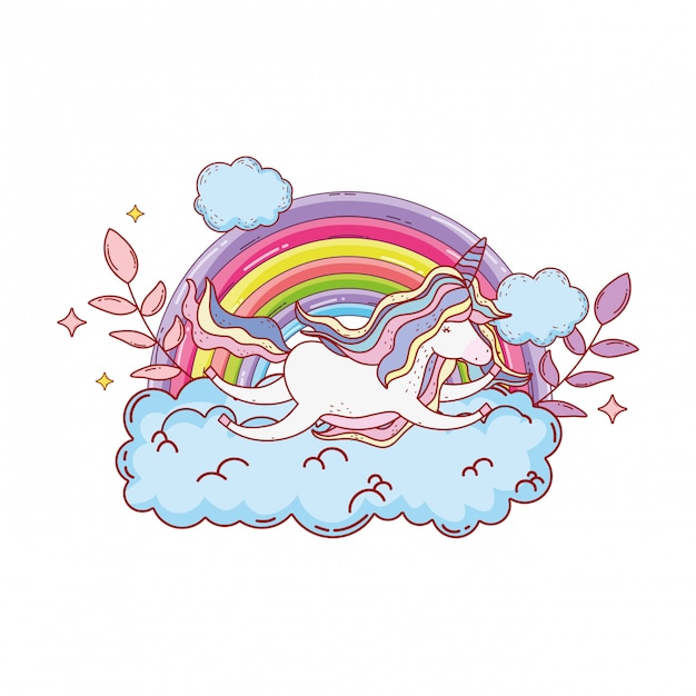  Licorne  Mignonne Avec Nuages Et Arc en ciel Vecteur Premium