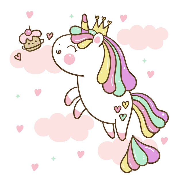 Licorne Mignonne Sauter En L Air Pour Manger Le Dessin Anime De Petit Gateau Vecteur Premium