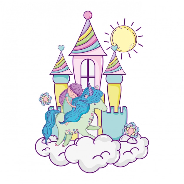 Licorne Et Princesse Avec Chateau Dans Les Nuages Vecteur Premium