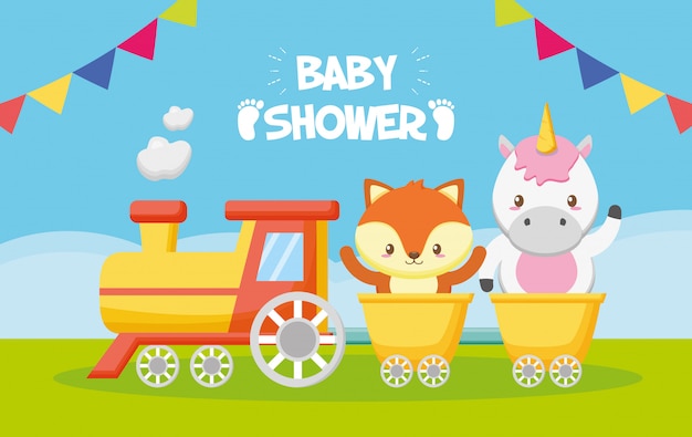 Licorne Et Renard Dans Le Train Pour Carte De Douche De Bebe Vecteur Gratuite