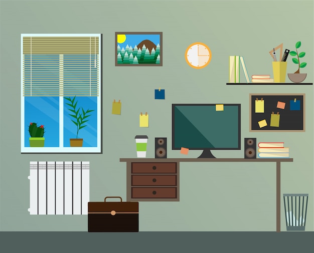 Lieu de travail design plat moderne dans la chambre. Vecteur Premium