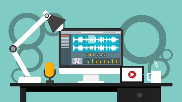 Lieu de travail du logiciel d'interface éditeur audio et vidéo sur écran d'ordinateur Vecteur Premium