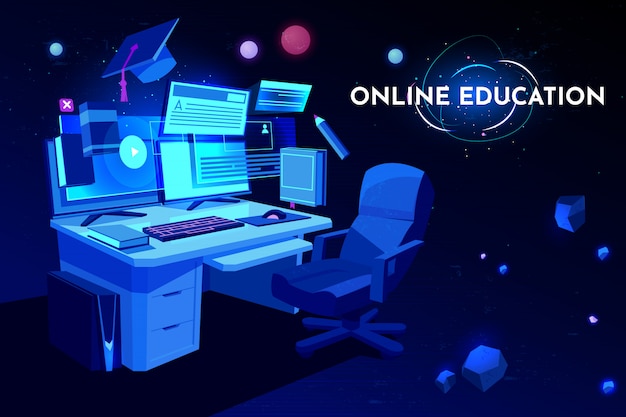 Lieu De Travail Des Etudiants En Ligne Avec Table D Ordinateur Moniteur Et Fauteuil Pc Bureau De Travail A Domicile Vecteur Gratuite
