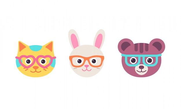 Lievre De Chat Visages D Ours Avec Des Lunettes Tete D Animal Mignon Chaton De Dessin Anime Lapin Jeu De Caracteres Ours Silhouette Douce Plat Isole Icones De Collection Illustration Drole Vecteur