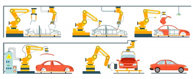 Ligne d'assemblage robotique intelligente Vecteur Premium