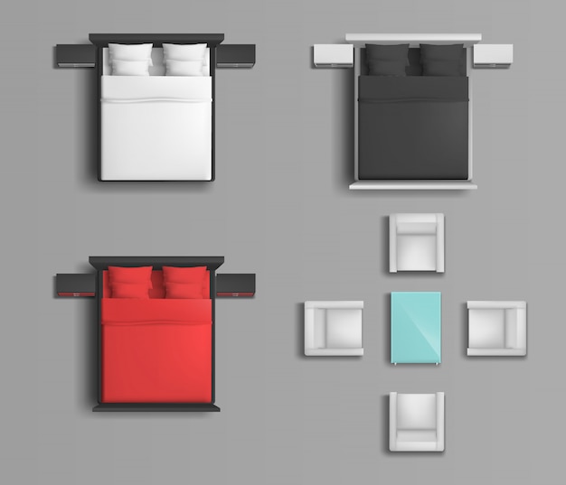Lit de couchage avec draps et oreillers de couleurs variées, fauteuils moelleux et table basse Vecteur gratuit