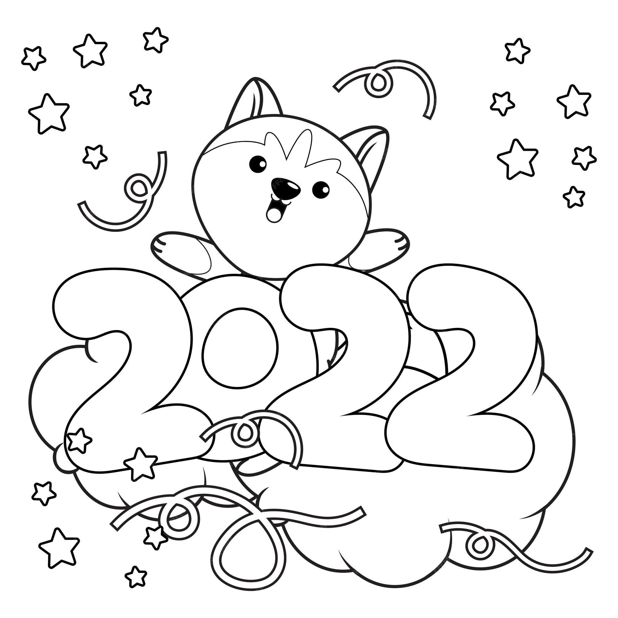 Livre De Coloriage De Bonne Année Avec Le Mignon Husky8 Vecteur Premium