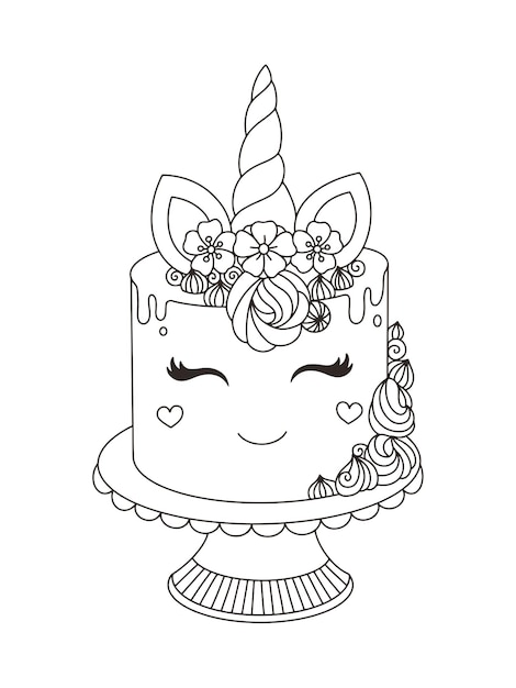 Livre De Coloriage Imprimable De Gateau De Licorne Pour Les Enfants Illustration Vectorielle Avec Style Doodle Dessine A La Main Vecteur Premium