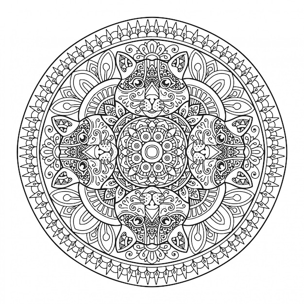 Livre De Coloriage Mandala Tete De Chat Vecteur Premium