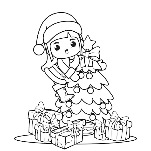 Livre De Coloriage De Noël Avec Une Jolie Fille1  Vecteur Premium