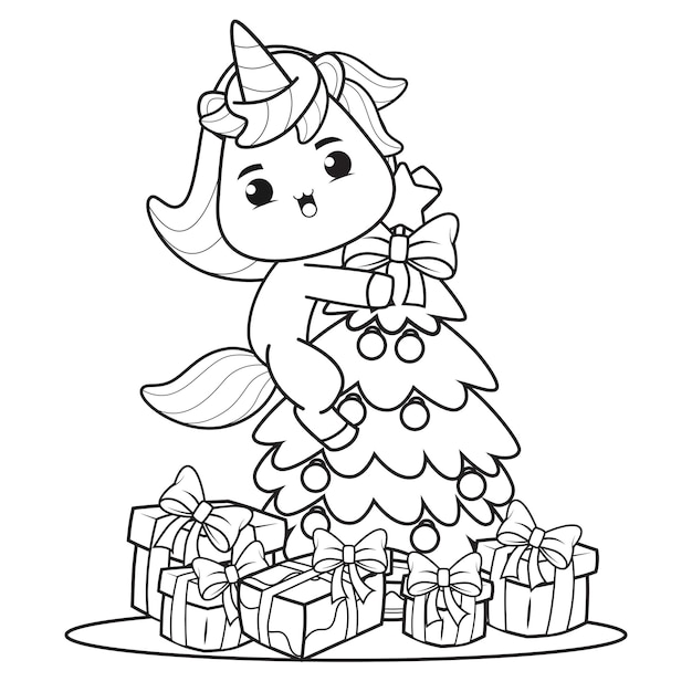 Livre De Coloriage De Noël Avec La Licorne Mignonne1  Vecteur Premium