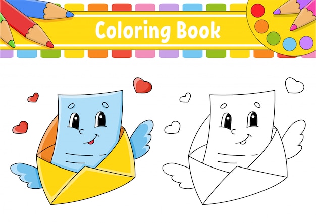 Livre De Coloriage Pour Les Enfants Enveloppe Ouverte Volante Avec Des Ailes Et Une Lettre Vecteur Premium