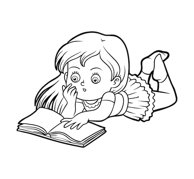 Livre De Coloriage Pour Des Enfants, Jeune Fille Lisant Un Livre