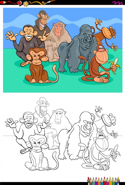 Livre De Couleur Du Groupe De Personnages De Singes Heureux Vecteur Premium