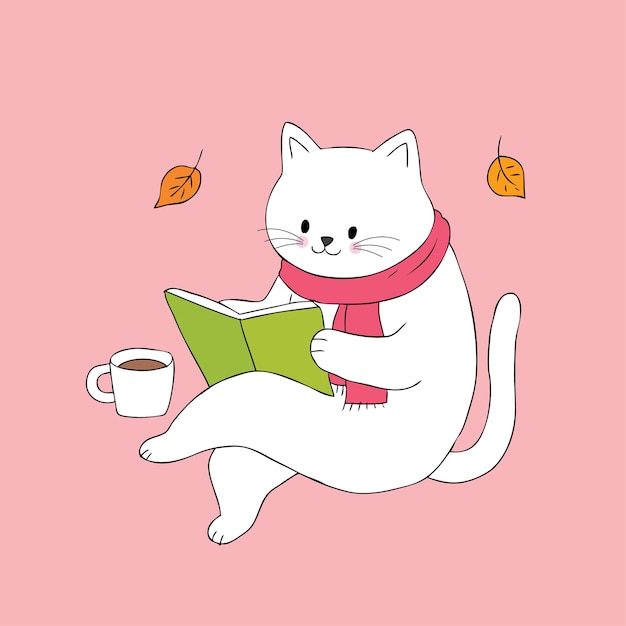 Livre De Lecture De Chat Mignon Dessin Animé Et Vecteur De